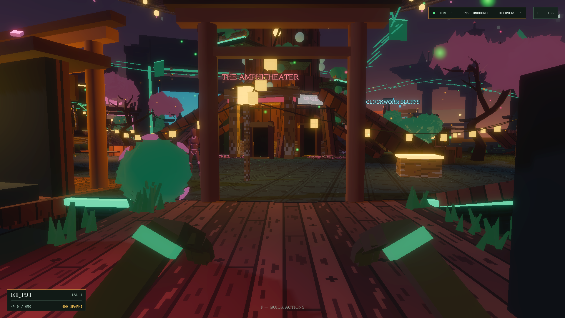 Looking through the torii gate toward the Amphitheater, lanterns overhead and blossom trees to either side.