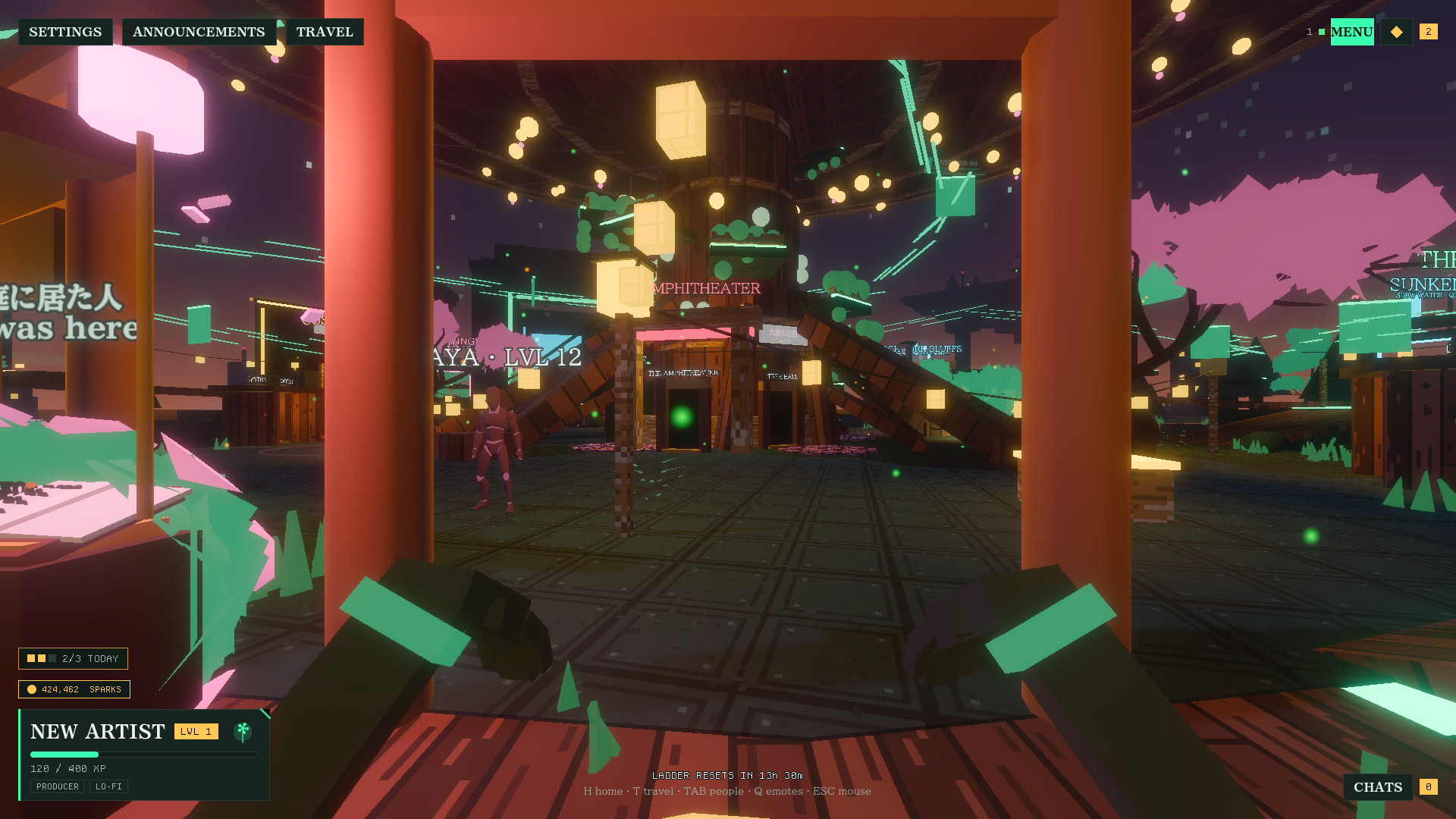 The hub at night: a vermilion torii gate, paper lanterns strung overhead, blossom canopies and floating islands against a deep indigo sky.